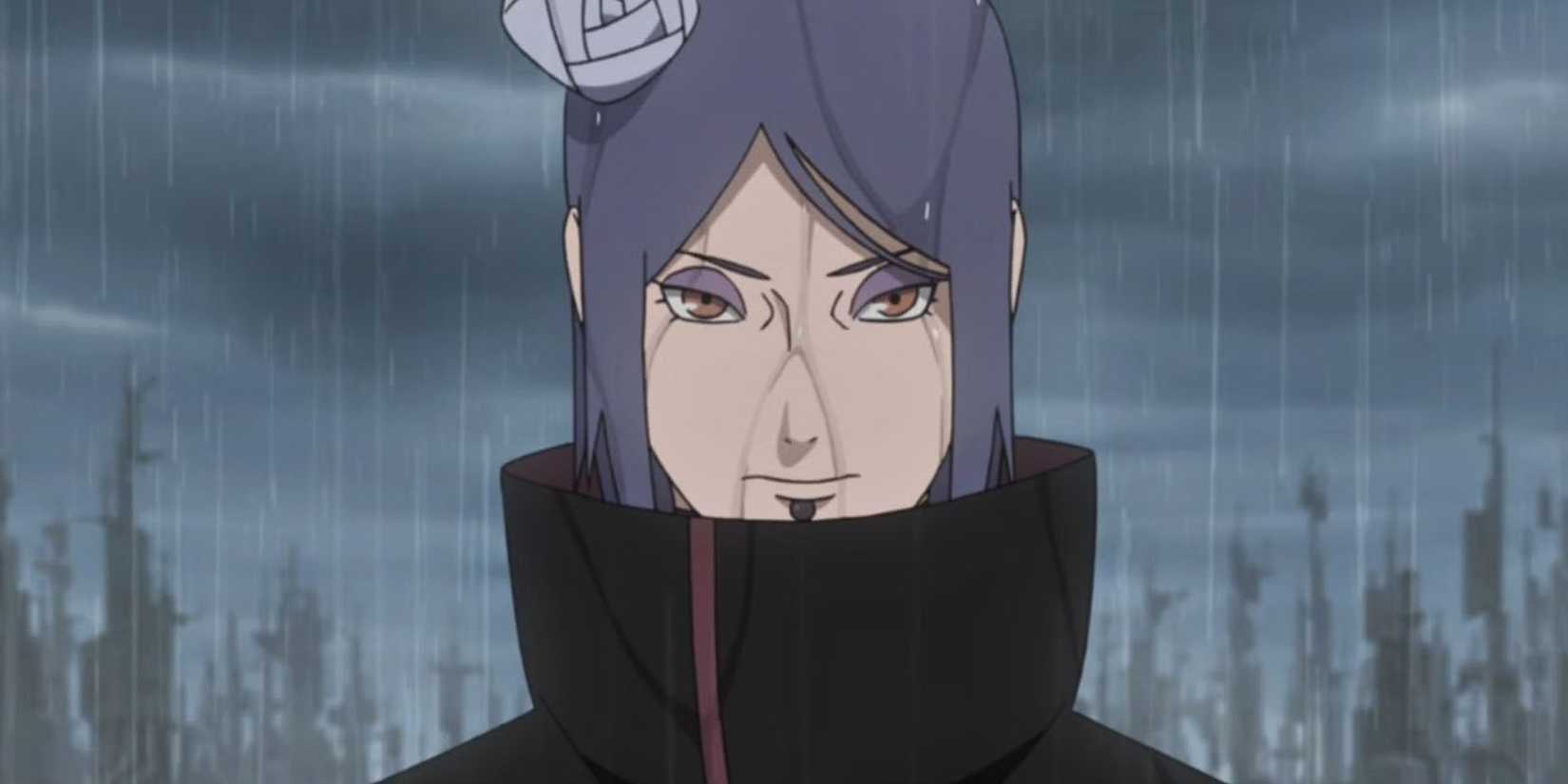 The wife looks at the viewer under rain.