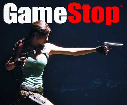 Lara Croft dari Tomb Raider Legacy of Atlantis di bawah logo GameStop