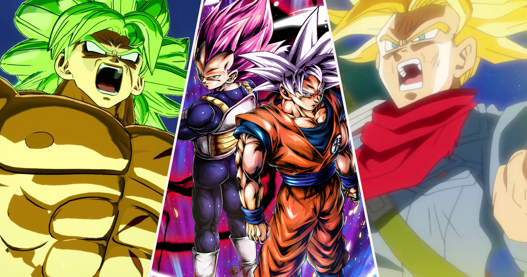 Legendary Super Saiyan Broly, Ultra Ego Vegeta, Ultra Instinct Goku, and Super Saiyan Rage Future Trunks