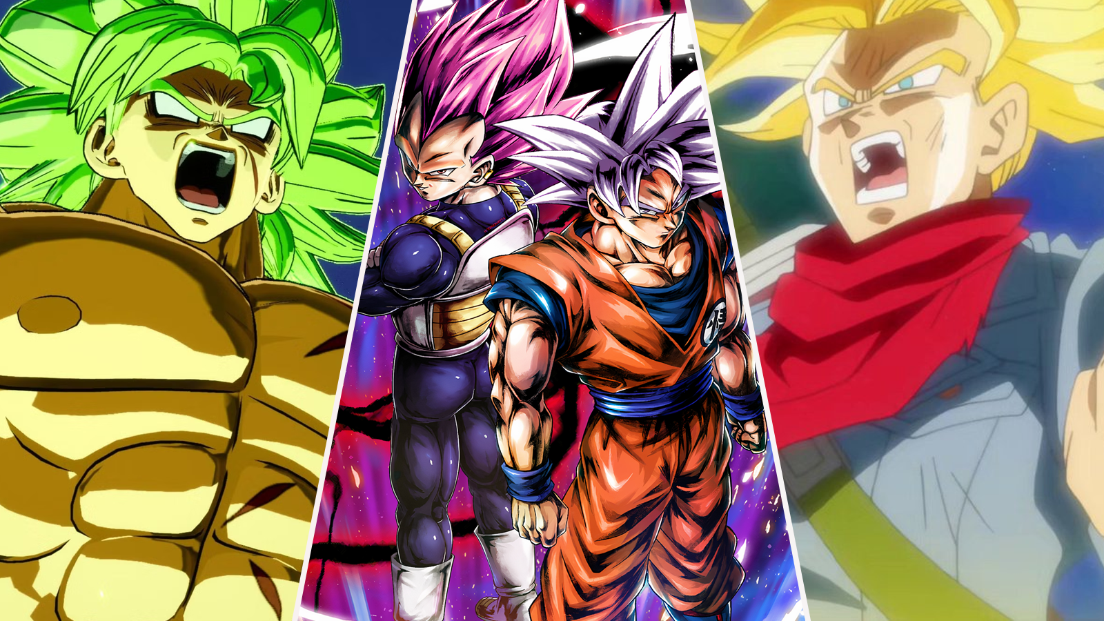 Legendary Super Saiyan Broly, Ultra Ego Vegeta, Ultra Instinct Goku, and Super Saiyan Rage Future Trunks