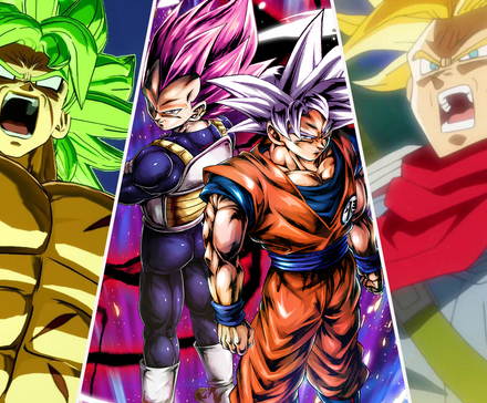 Legendary Super Saiyan Broly, Ultra Ego Vegeta, Ultra Instinct Goku, and Super Saiyan Rage Future Trunks