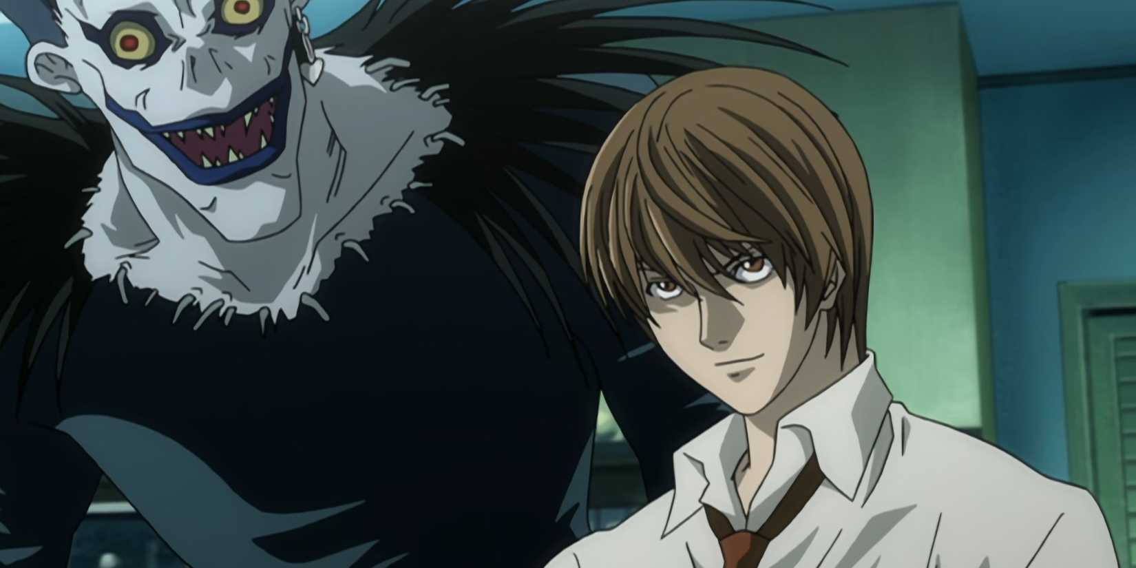 Light Yagami sits near Ryuk in his bedroom.