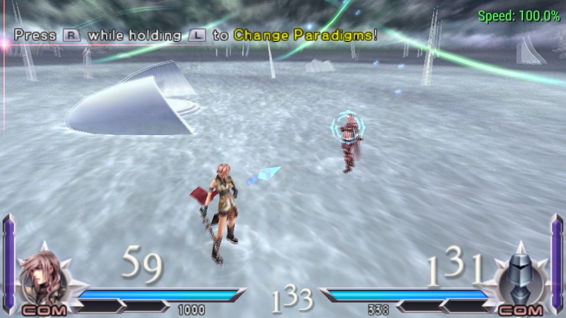Lightning facing herself in Dissidia 012 Final Fantasy (PSP)