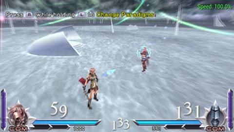 Lightning facing herself in Dissidia 012 Final Fantasy (PSP)