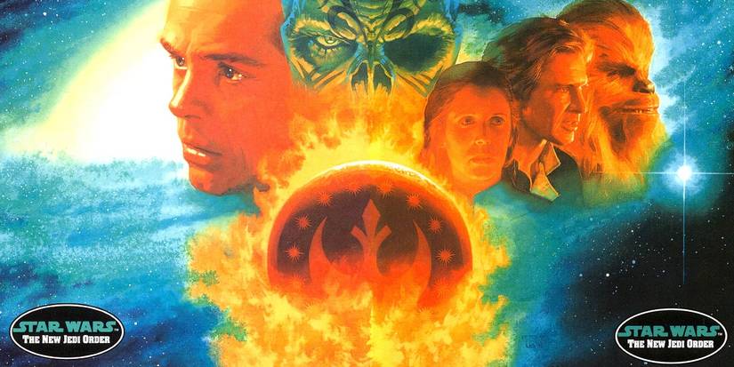 Luke Skywalker, a Yuuzhan Vong, Leia Organa, Han Solo, and Chewbacca on the Japanese cover of Vector Prime