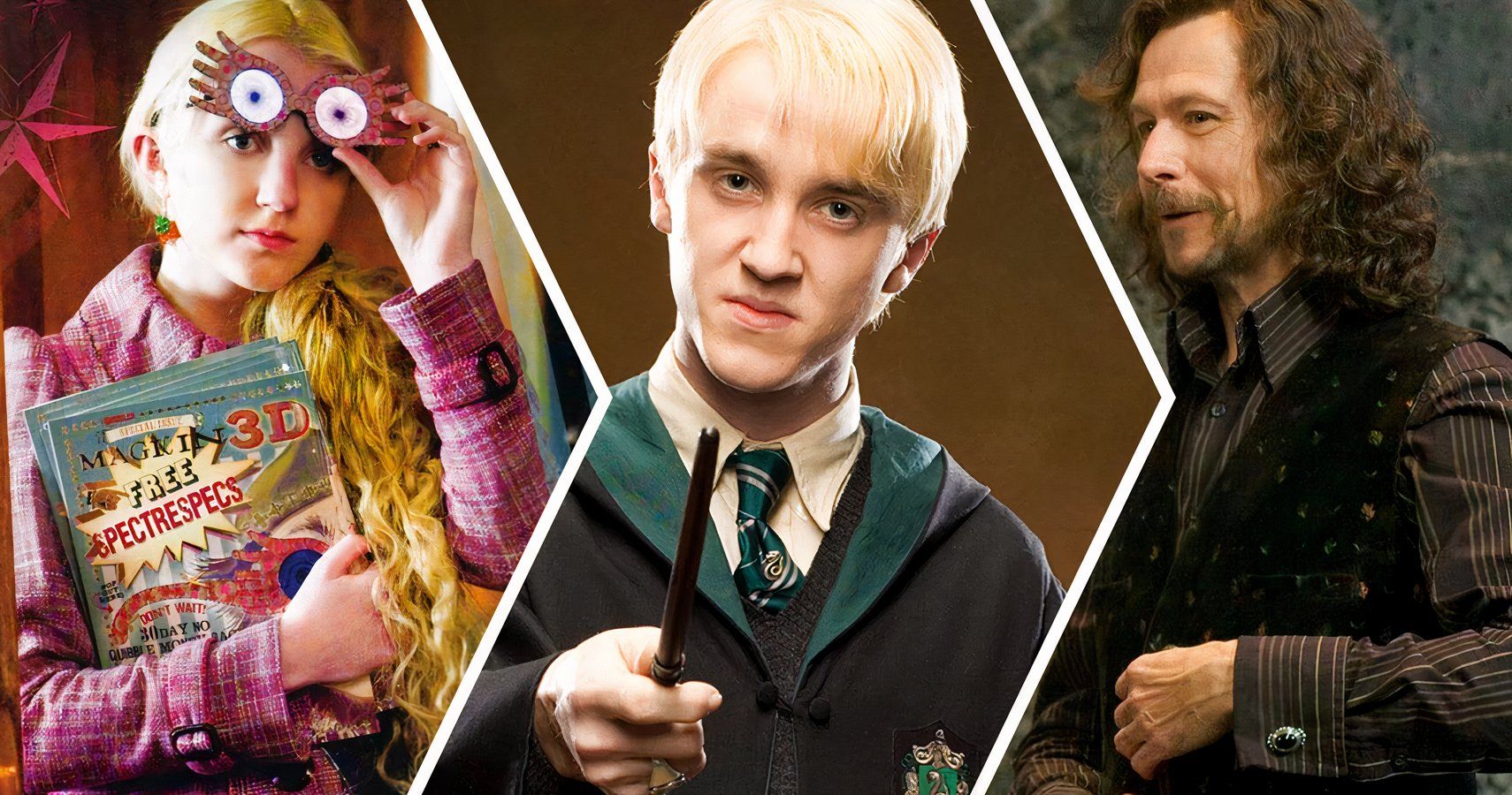 Luna Lovegood, Draco Malfoy, and Sirius Black in the Harry Potter movies