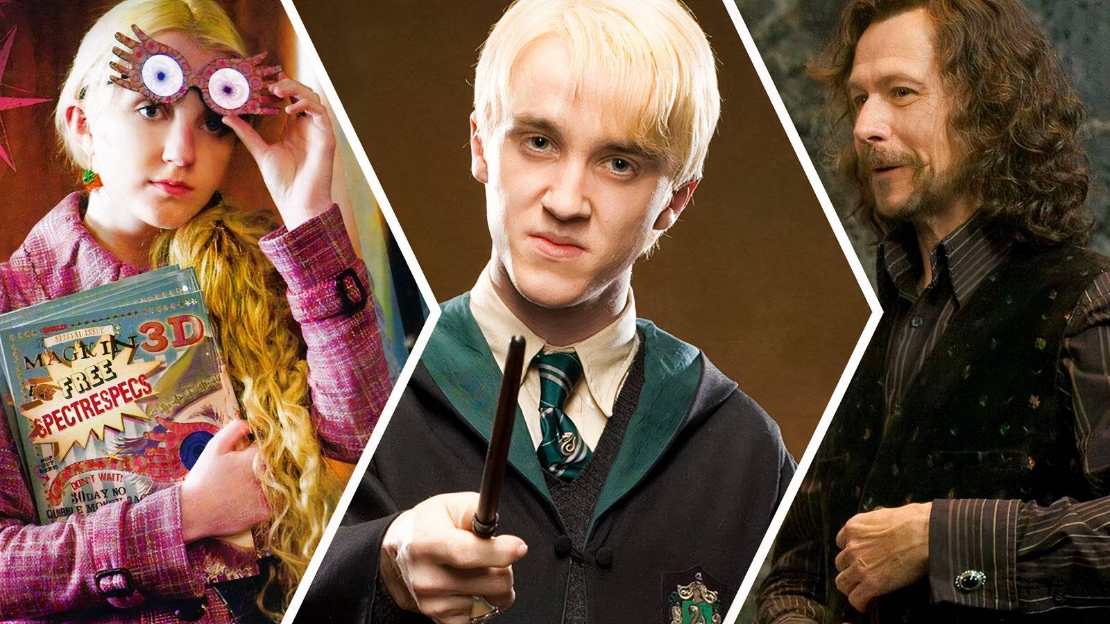 Luna Lovegood, Draco Malfoy, and Sirius Black in the Harry Potter movies