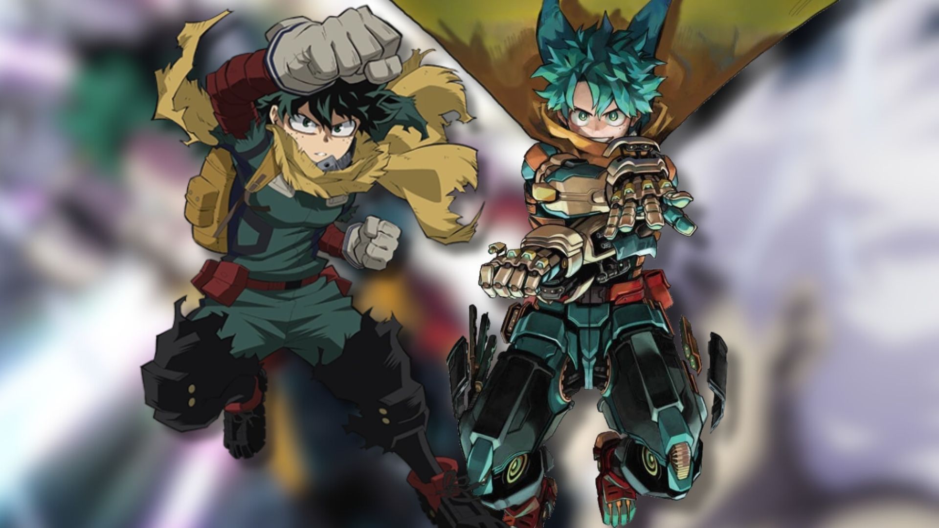 A collage of Izuku Midoriya's final designs, in both the My Hero Academia manga and the My Hero Academia anime.