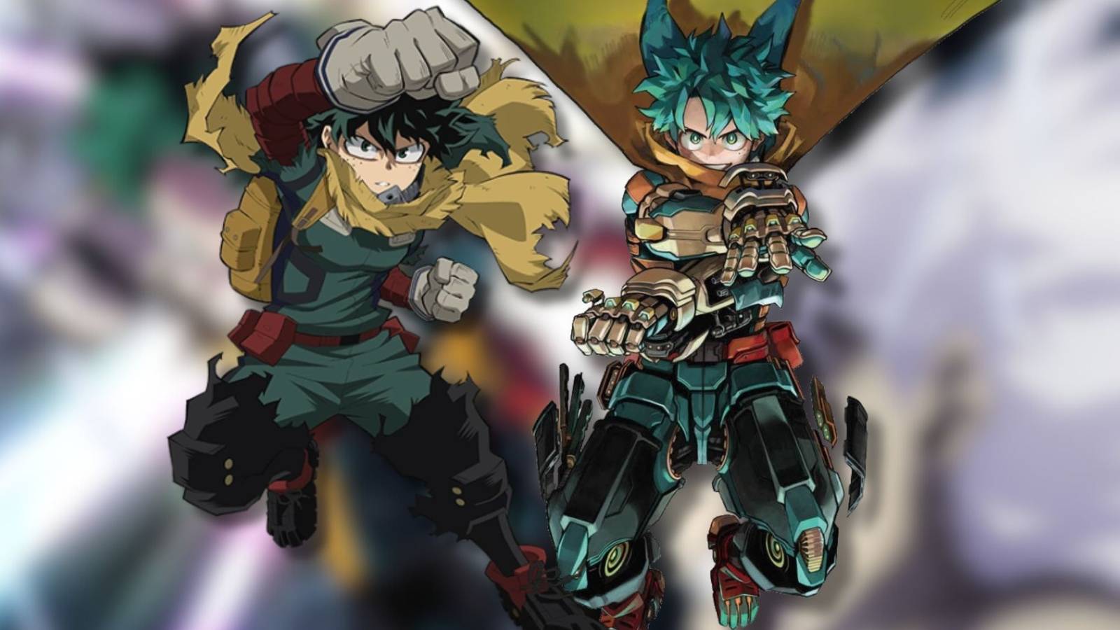 A collage of Izuku Midoriya's final designs, in both the My Hero Academia manga and the My Hero Academia anime.