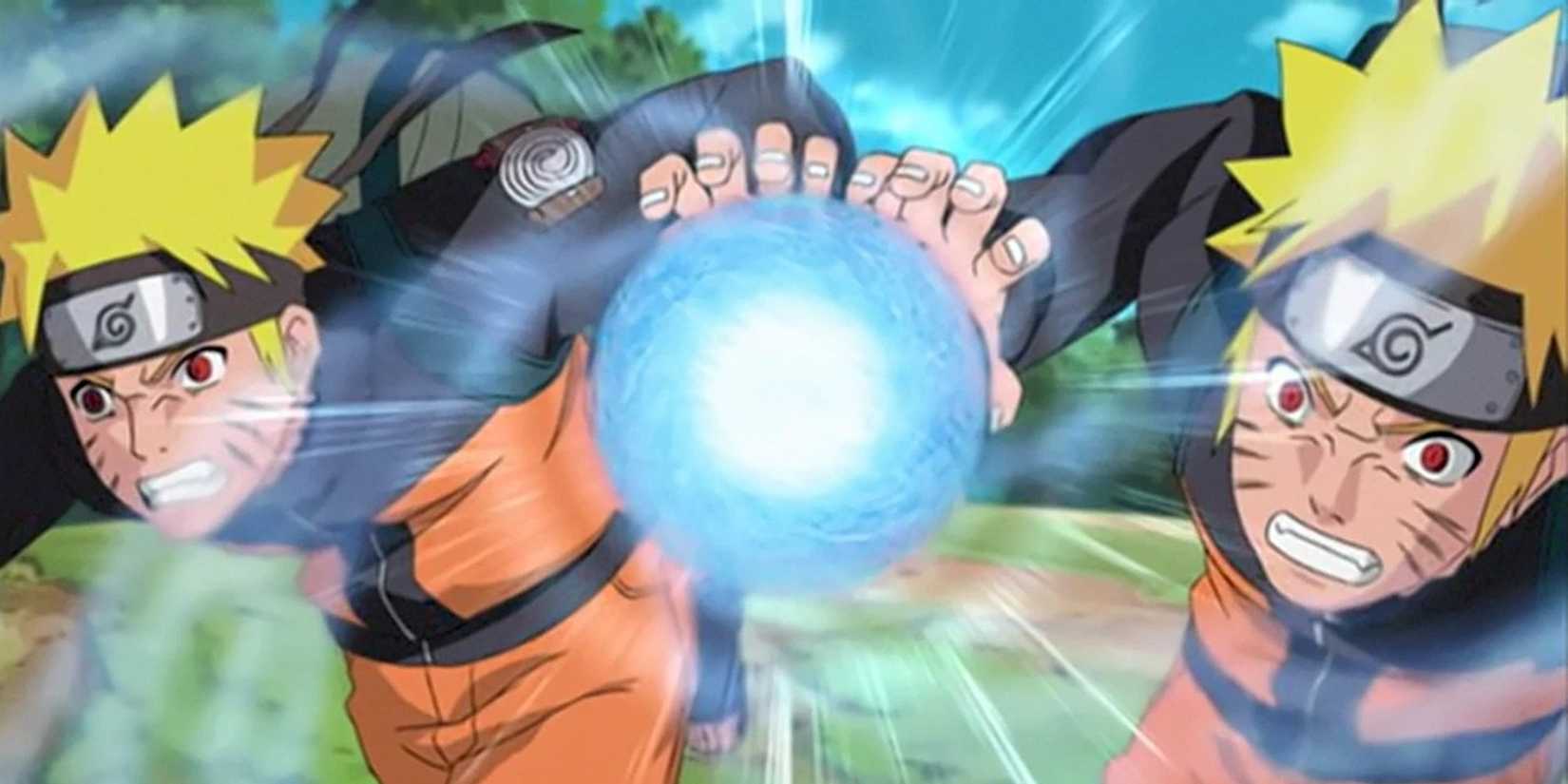 Naruto and a clone use Rasengan.