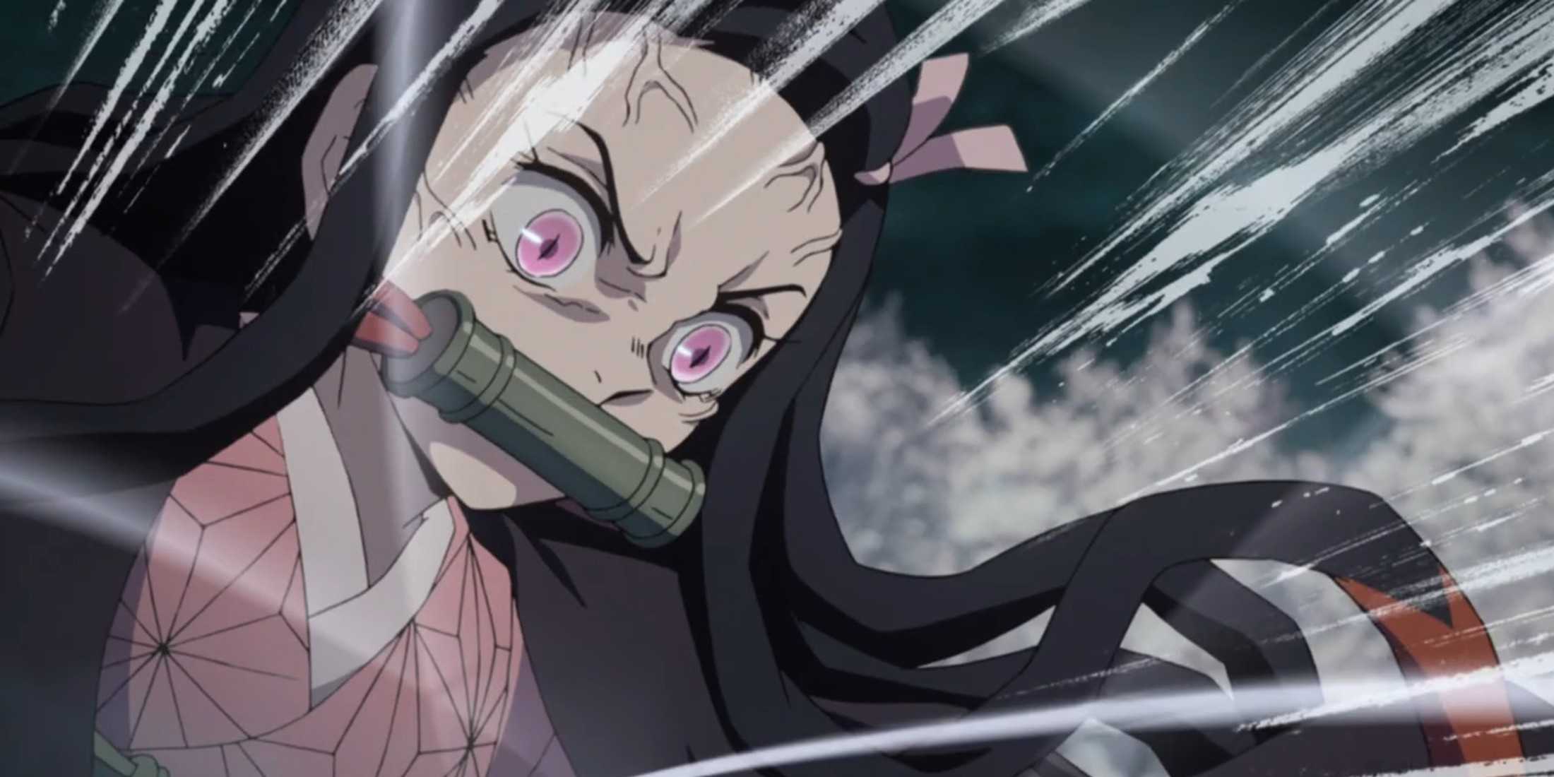 Nezuko fights intensely while looking down