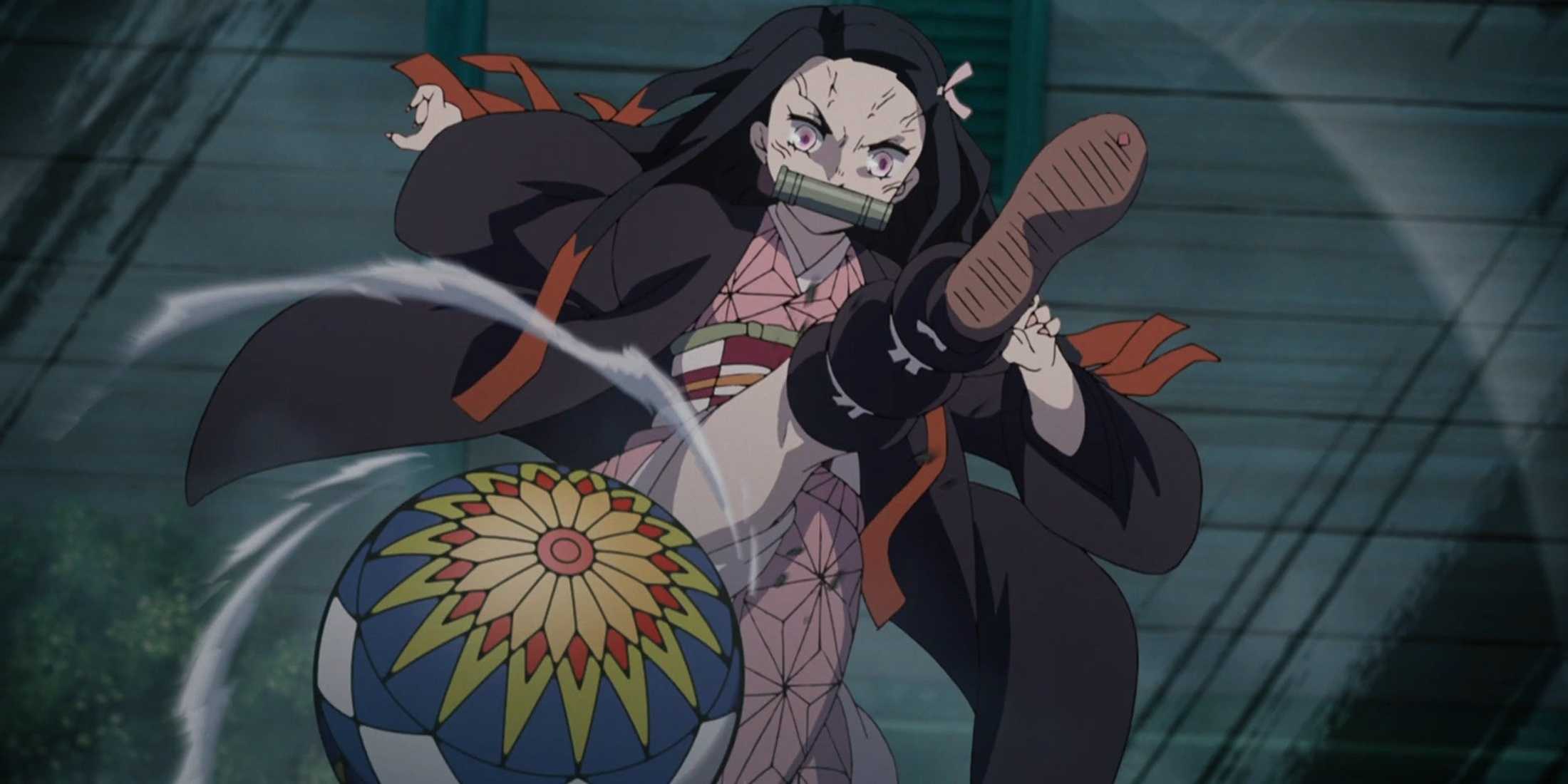 Nezuko kicks a temari ball.