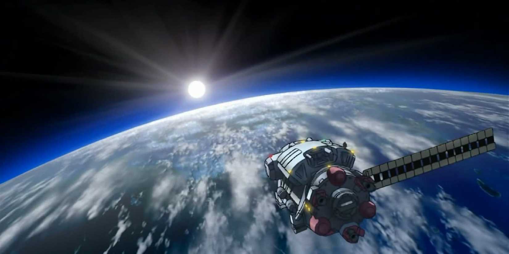 A spaceship above Earth on planets.