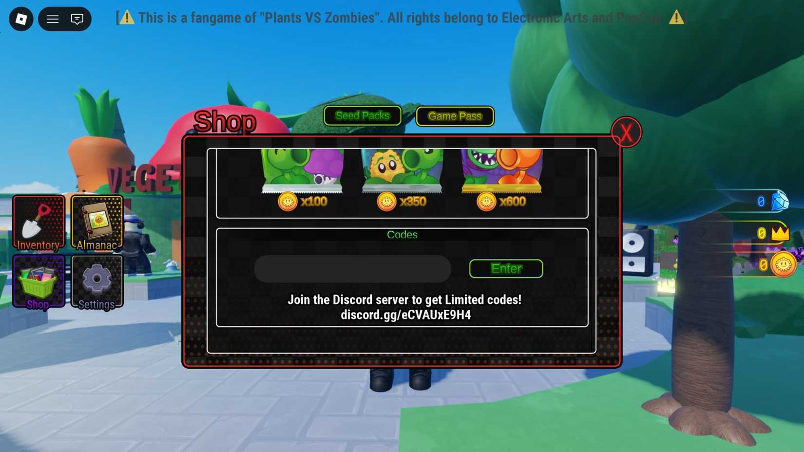 Plants Tower Defense - the codes tab