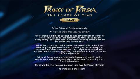 The cancellation note for The Sands of Time Remake