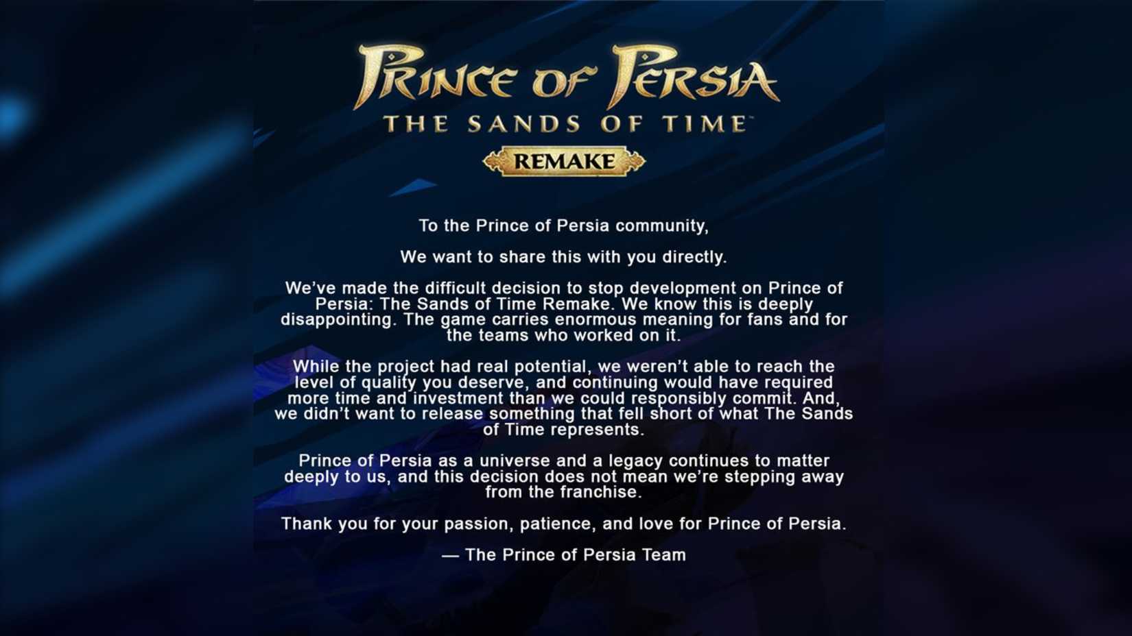 The cancellation note for The Sands of Time Remake