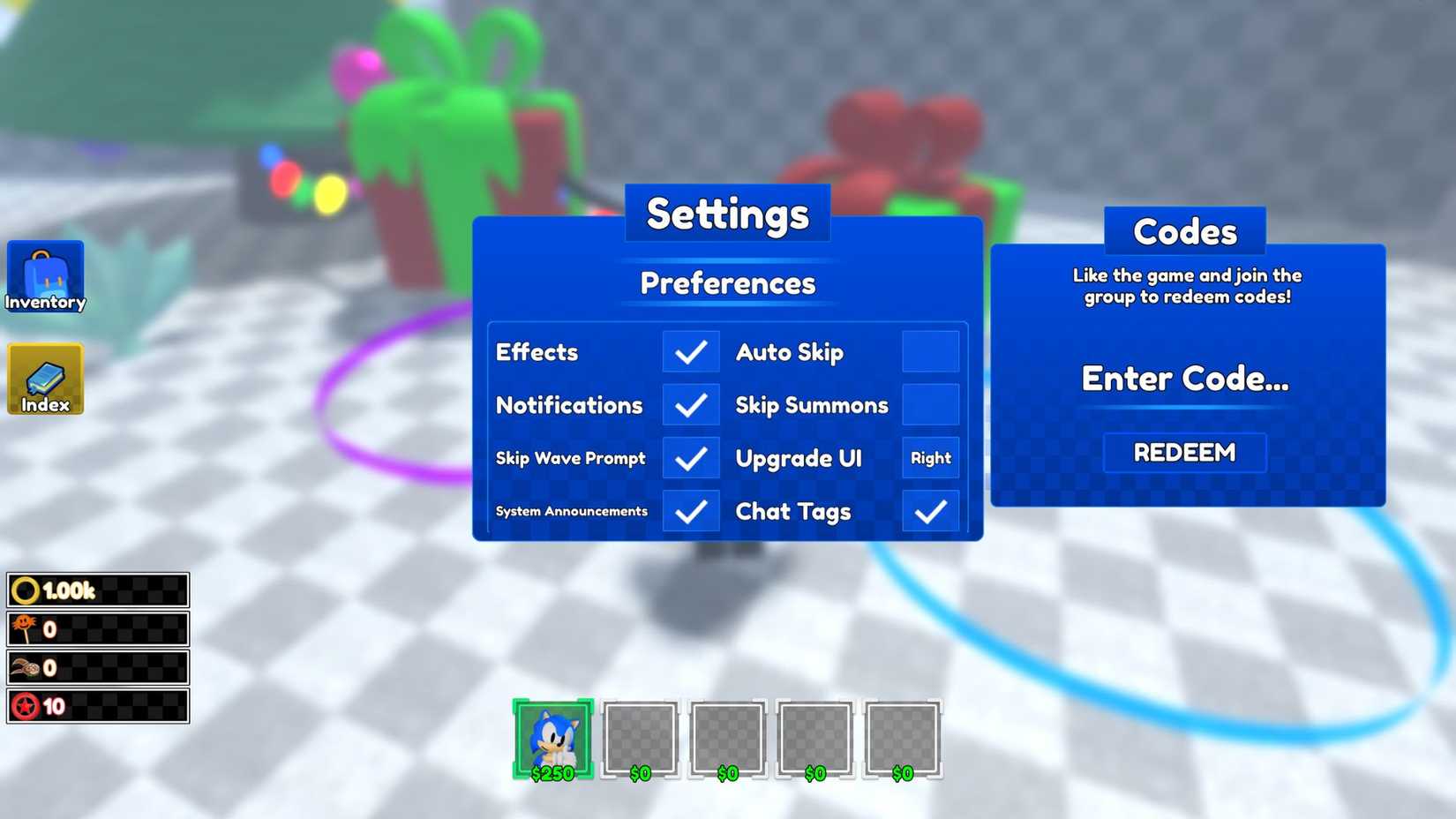 Project Sonic TD the codes tab