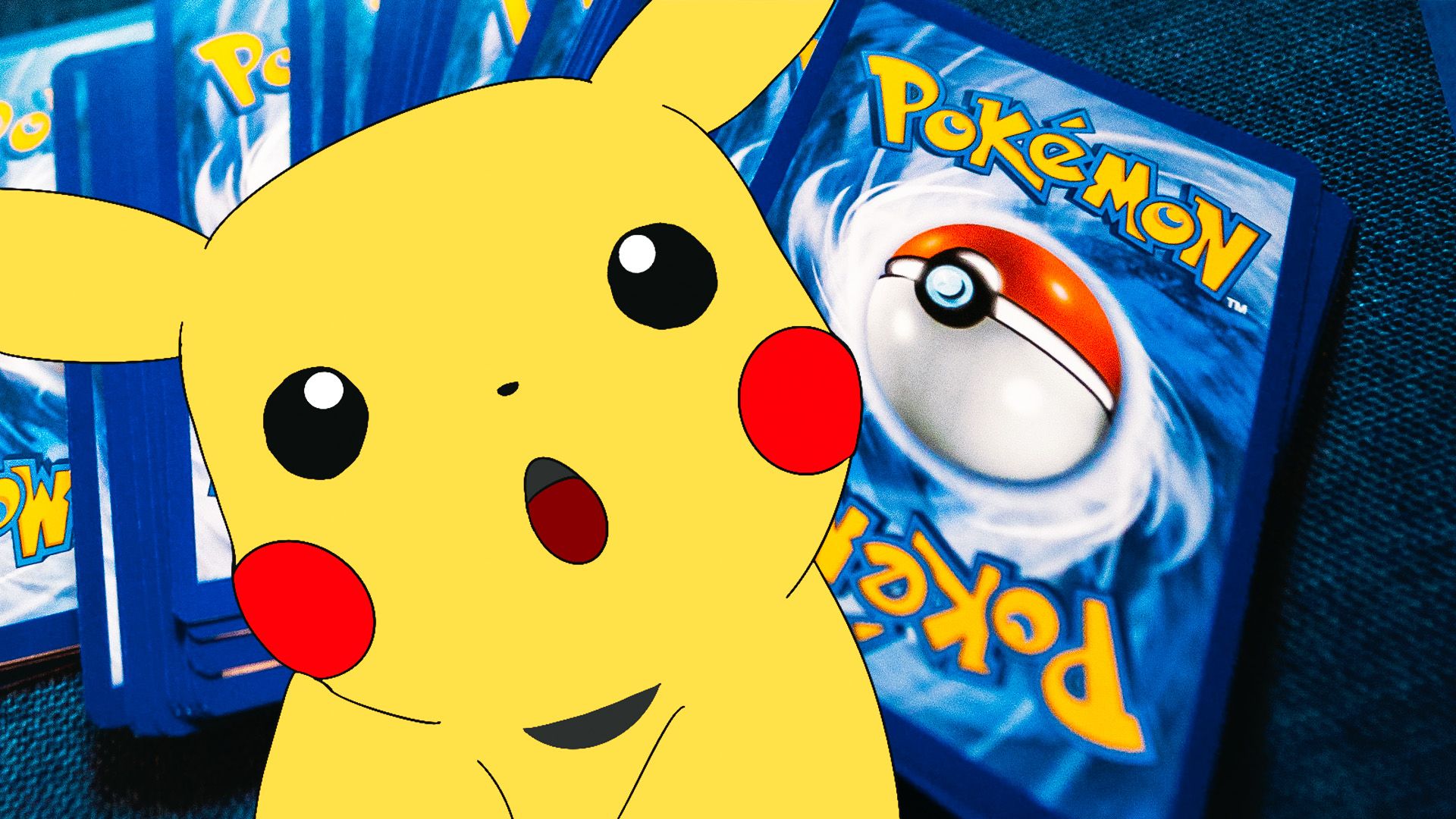 Puzzled-looking Pikachu in front of Pokemon Trading Card Game cards backs