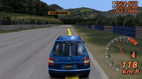 Racing a blue car in Gran Turismo 2 (1999)