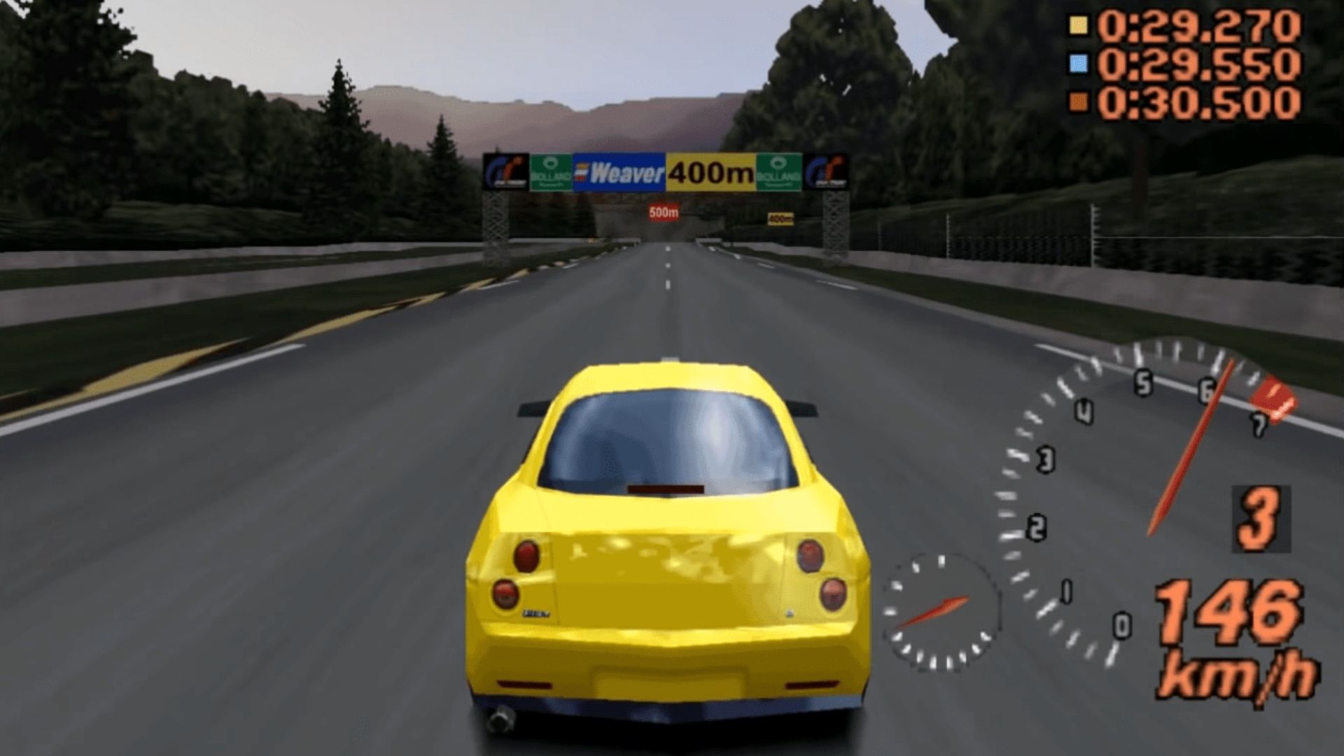 Racing a yellow car in Gran Turismo 2 (1999)