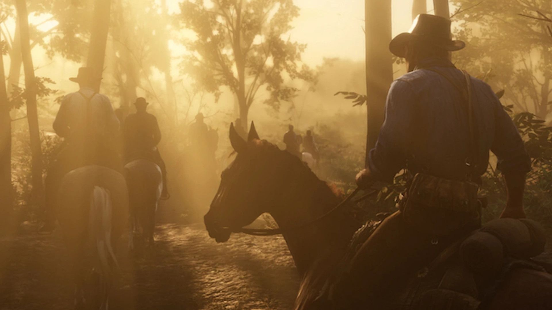 Arthur and the Van der Linde Gang Riding at Sunset in Red Dead Redemption 2