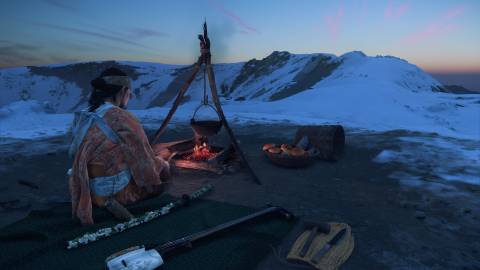 Resting at camp in Ghost Of Yotei (2025)