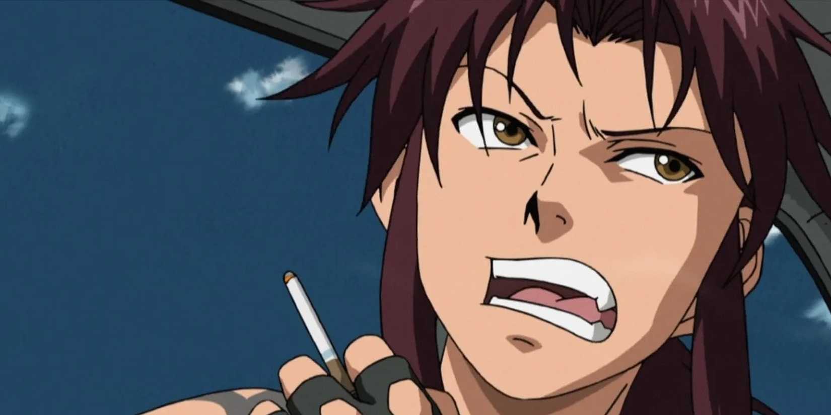 Revy looks irritated as she smokes.