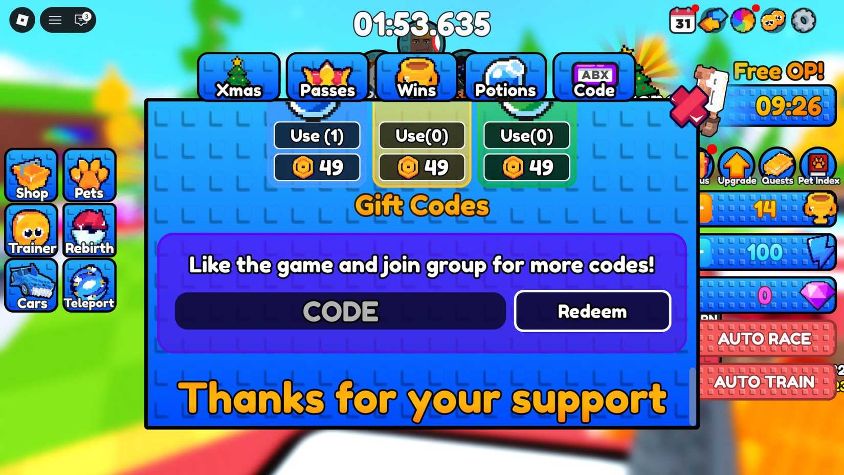 Ride a Brainrot the codes tab