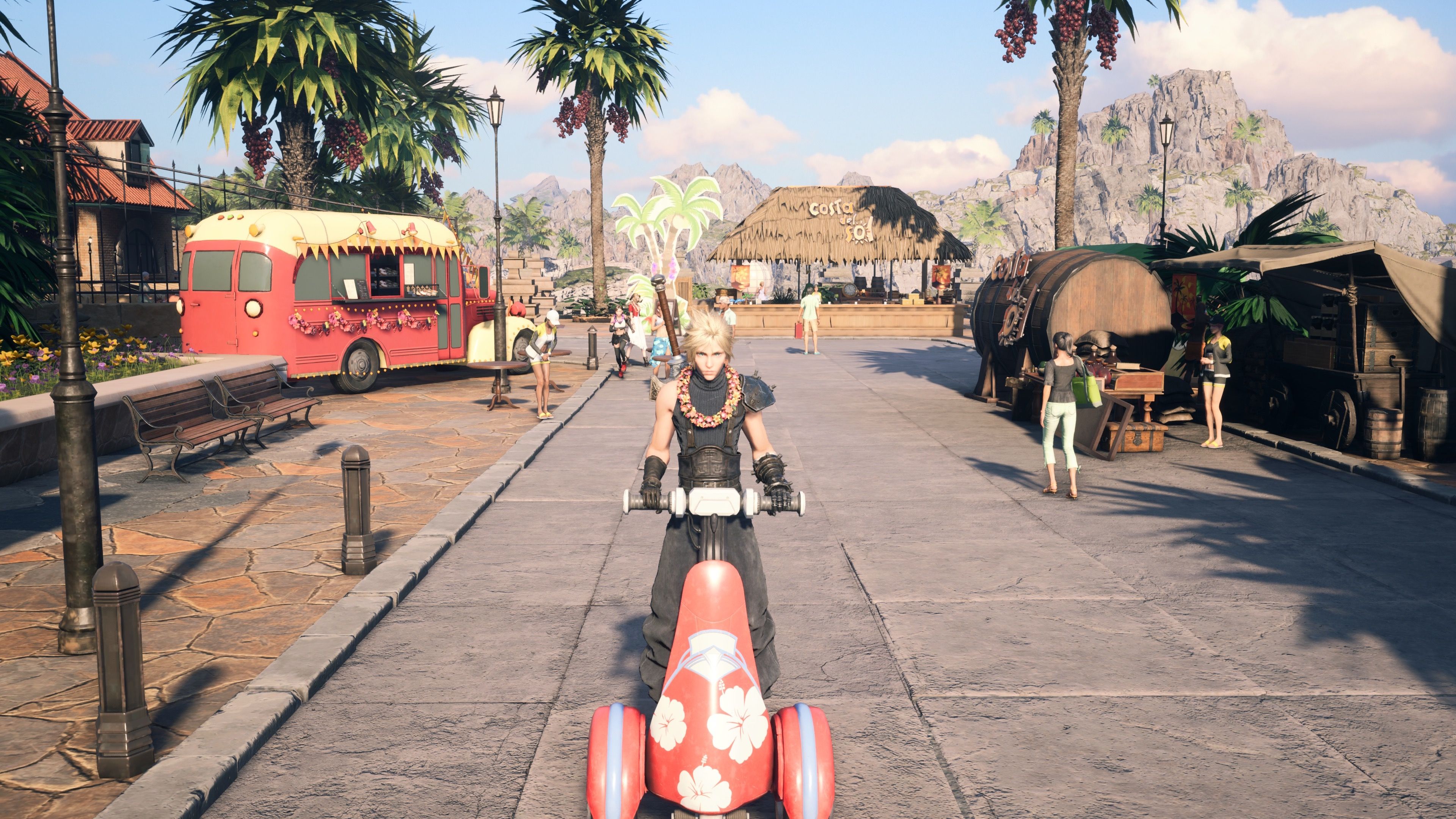 Riding a scooter in Final Fantasy 7 Rebirth (2023)