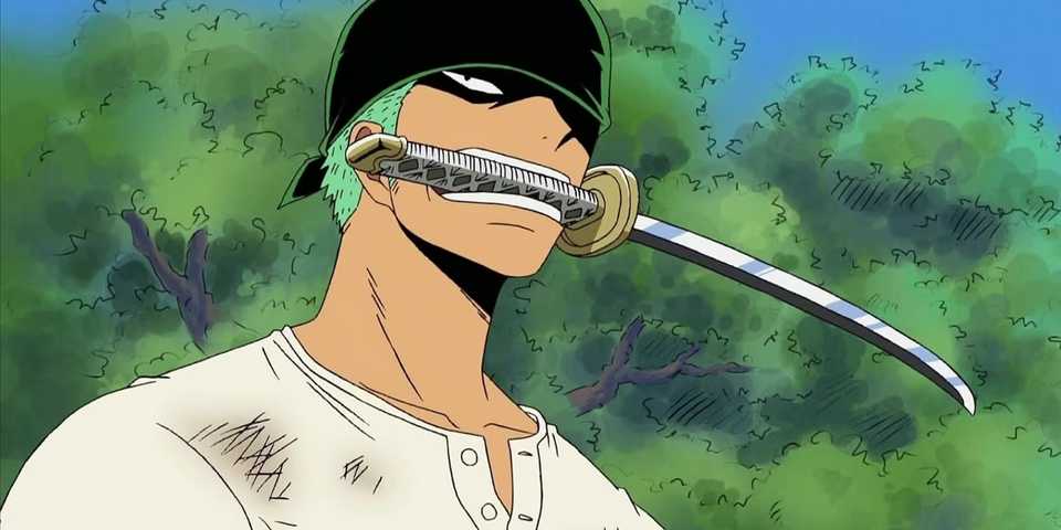 Roronoa Zoro holds a katana in his teeth.