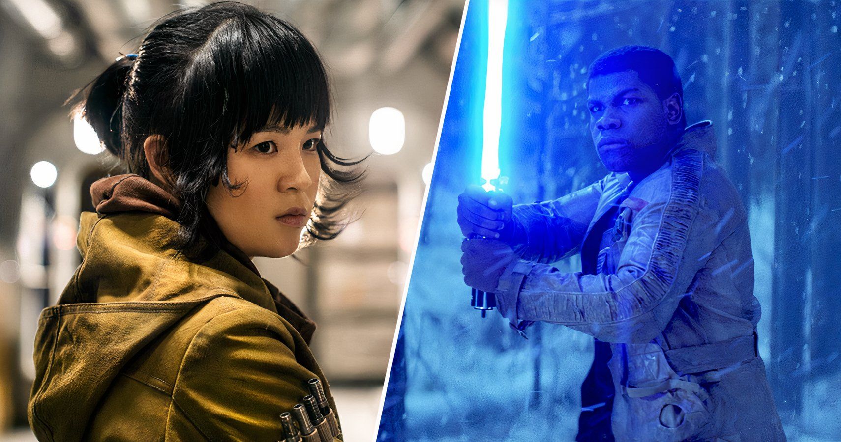 Rose Tico in Star Wars The Last Jedi, and Finn holding a Blue Lightsaber in Star Wars The Force Awakens