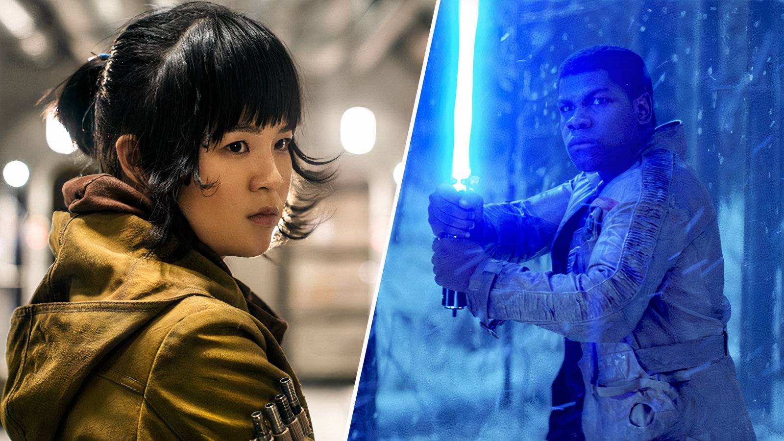 Rose Tico in Star Wars The Last Jedi, and Finn holding a Blue Lightsaber in Star Wars The Force Awakens
