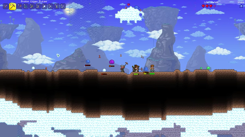 Players fighting slimes in the sky using the sky block world seed.