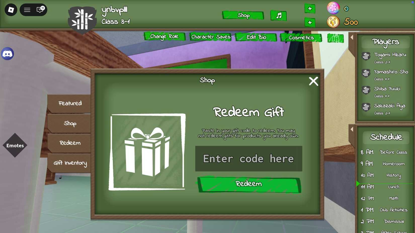Seishun School Life Roleplay the codes tab