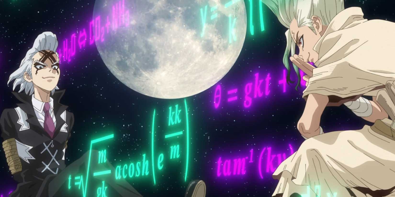 Senku och Dr. Xeno pratar med månen i närheten.