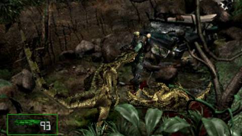 Shooting a dinosaur in Dino Crisis 2 (2000)