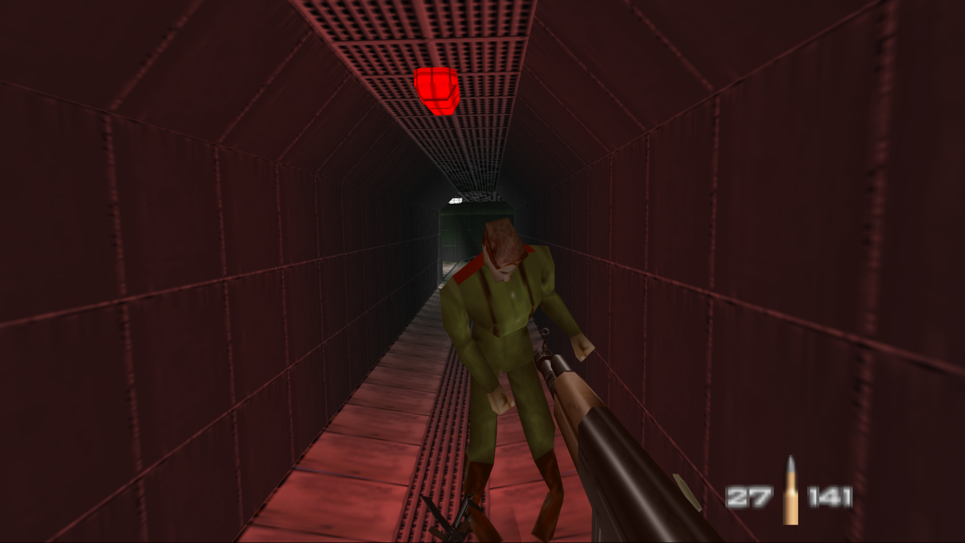Shooting an enemy in GoldenEye 007 (N64)