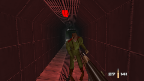 Shooting an enemy in GoldenEye 007 (N64)
