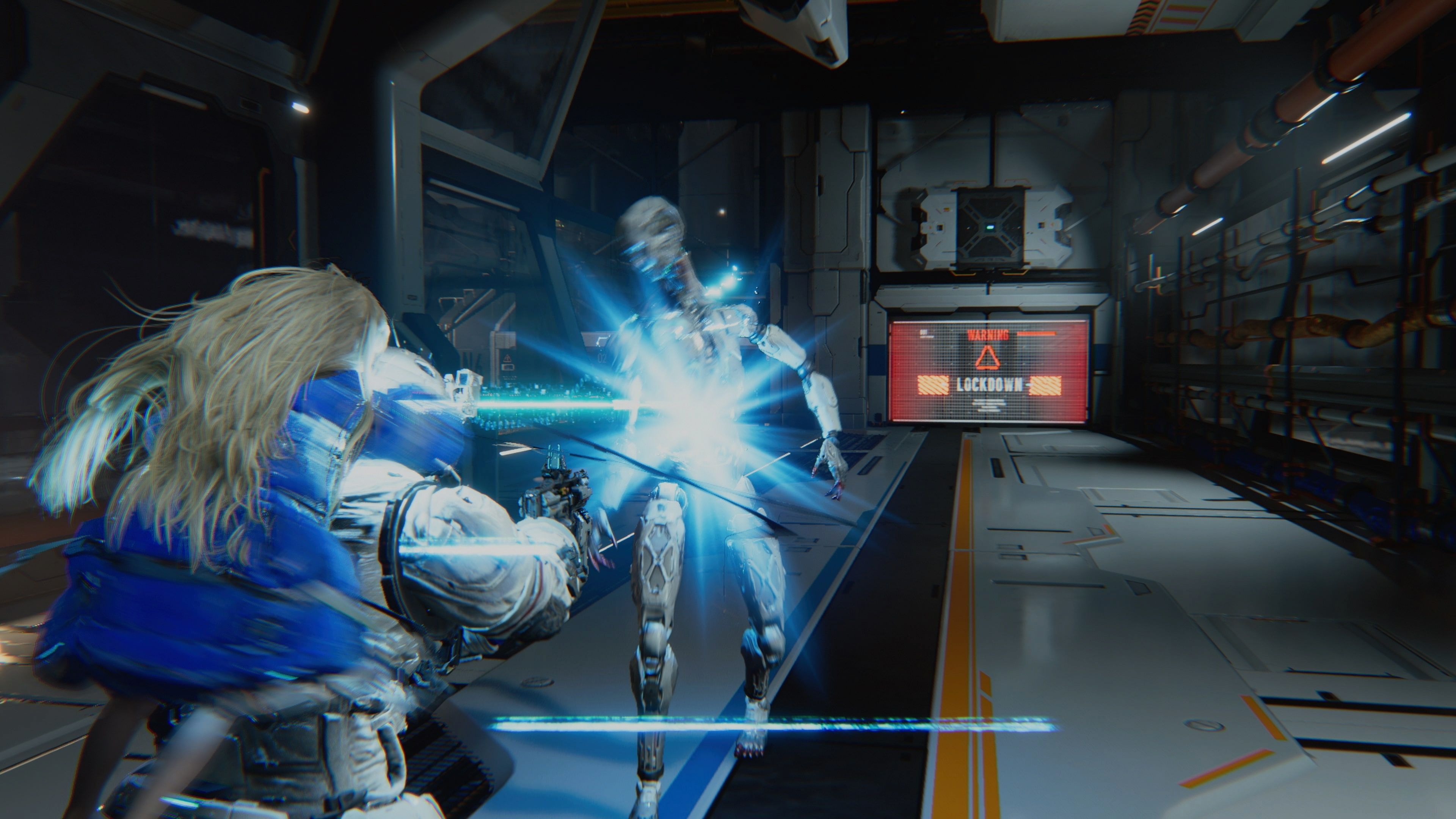 Shooting an enemy in Pragmata