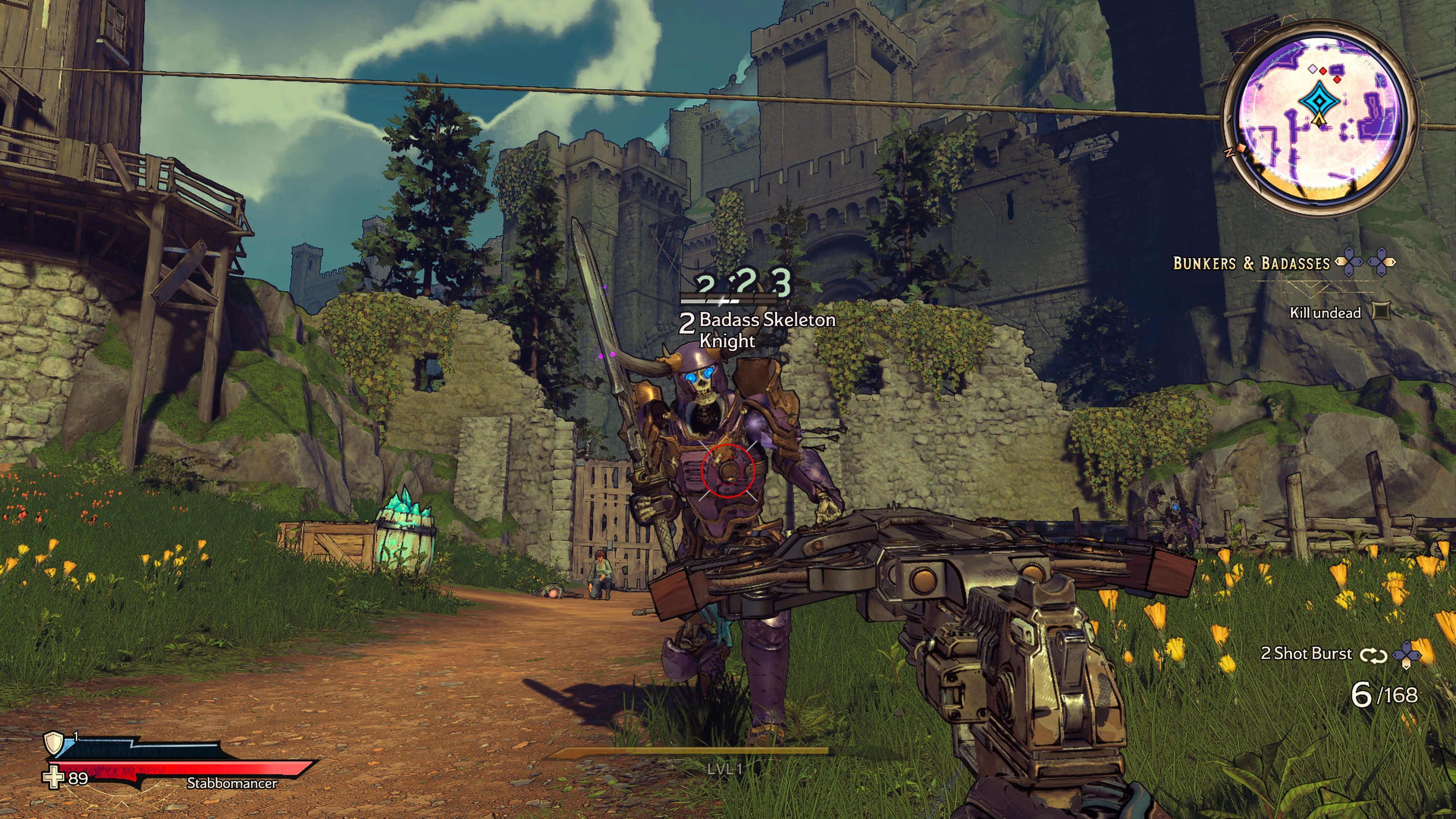 Shooting an enemy in Tiny Tina's Wonderlands (2022)