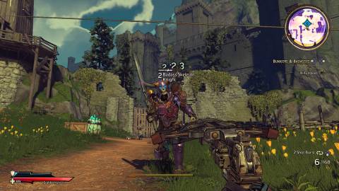 Shooting an enemy in Tiny Tina's Wonderlands (2022)