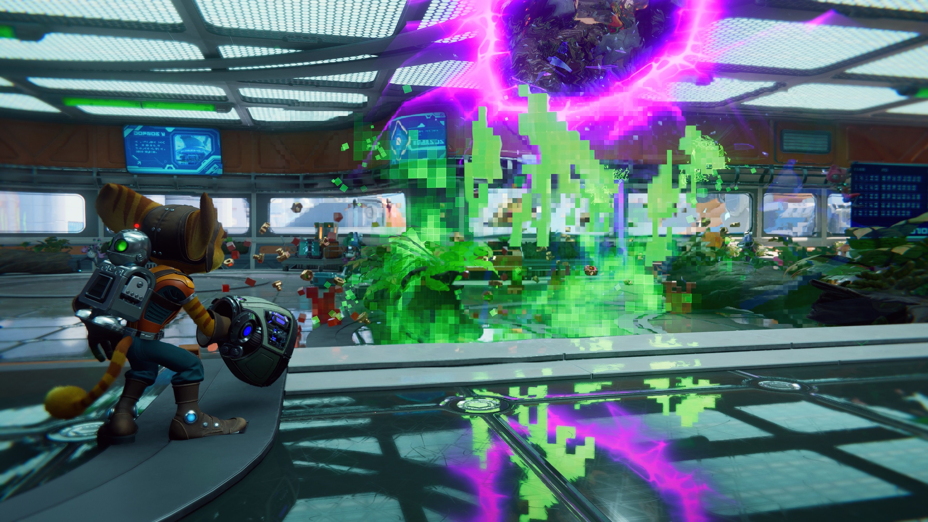 Shooting enemies as Ratchet in Ratchet & Clank A Rift Apart (2021)