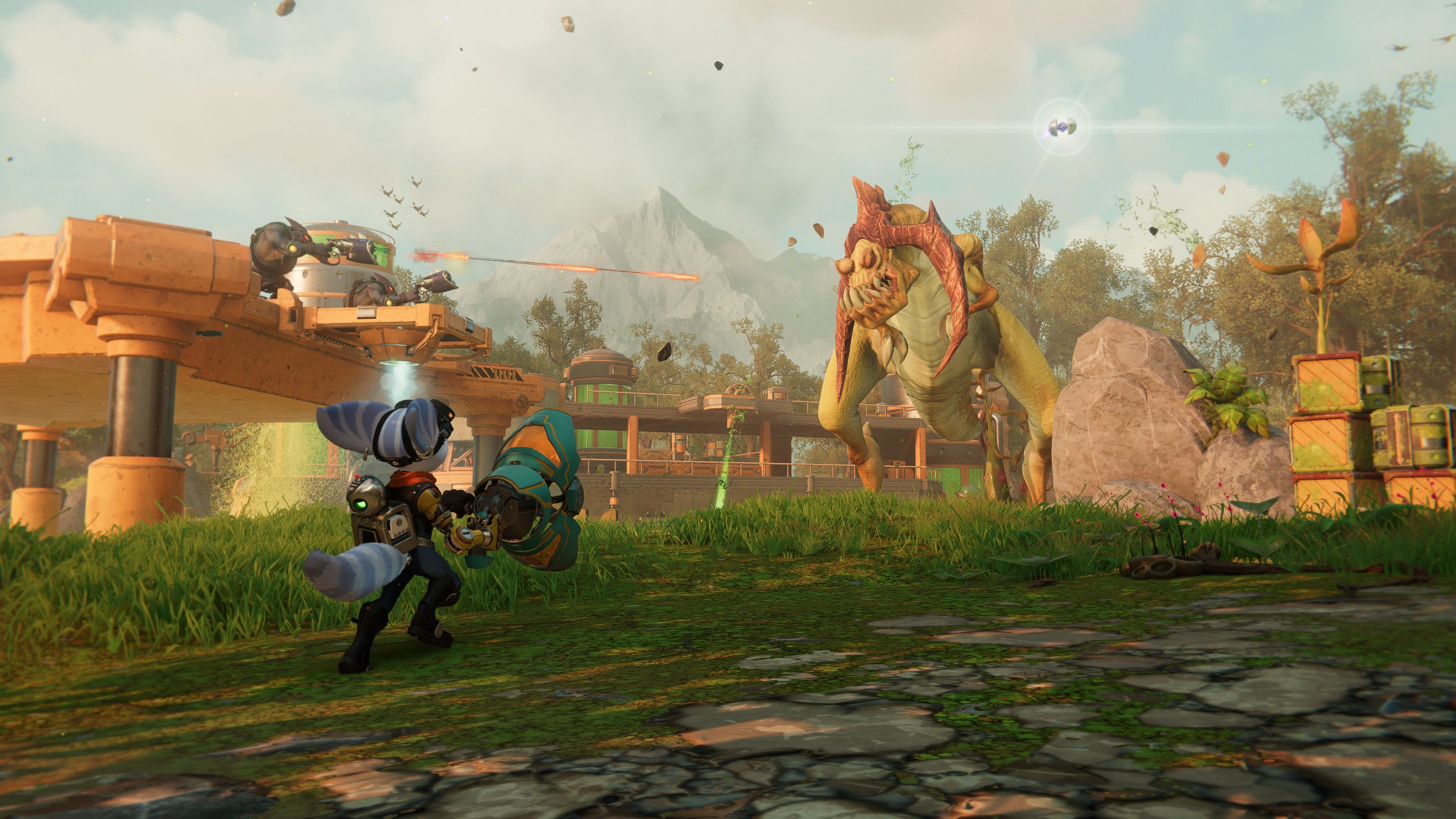 Shooting enemies as Rivet in Ratchet & Clank A Rift Apart (2021)