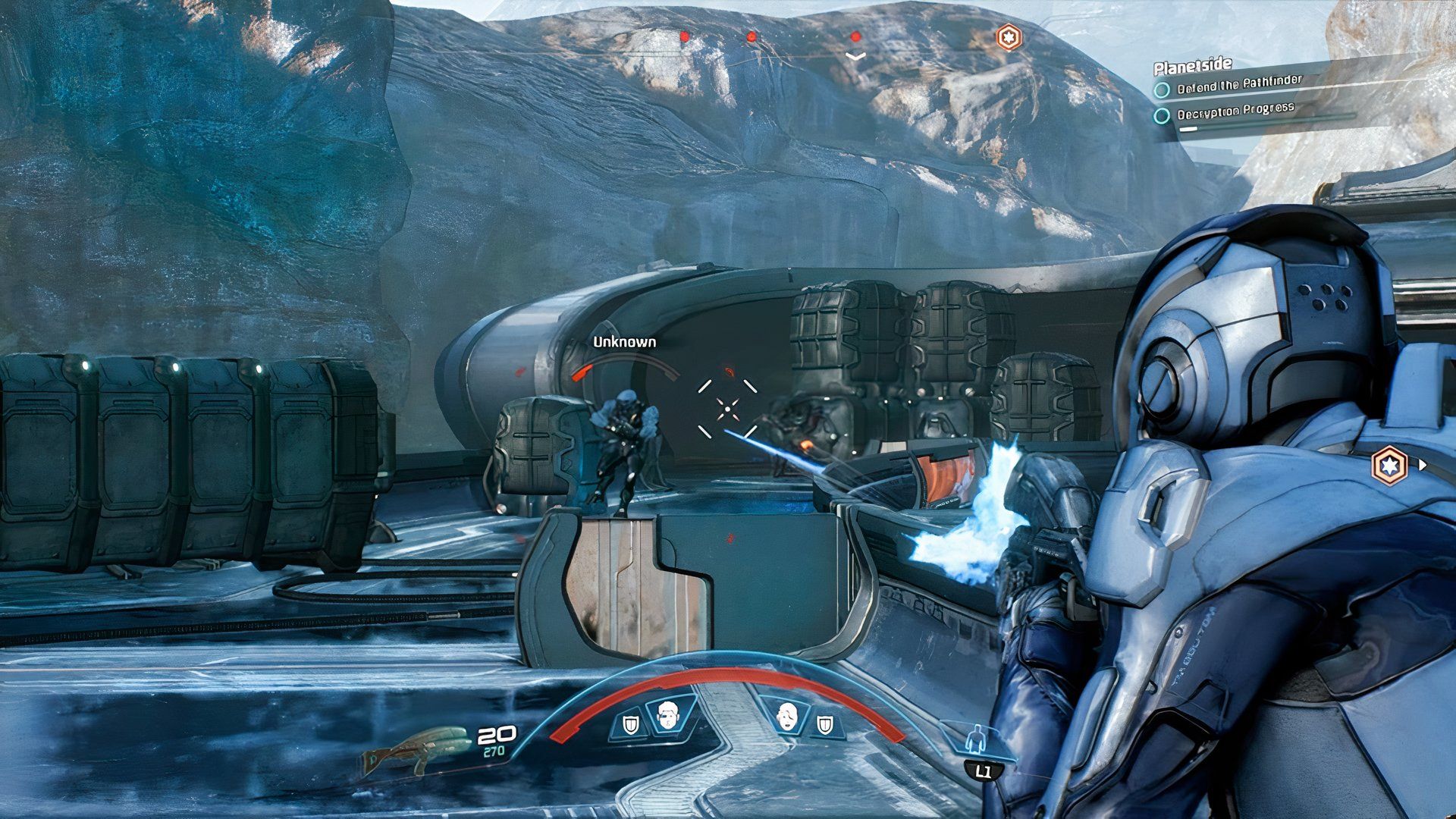 Shooting enemies in Mass Effect Andromeda (2017)