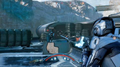 Shooting enemies in Mass Effect Andromeda (2017)