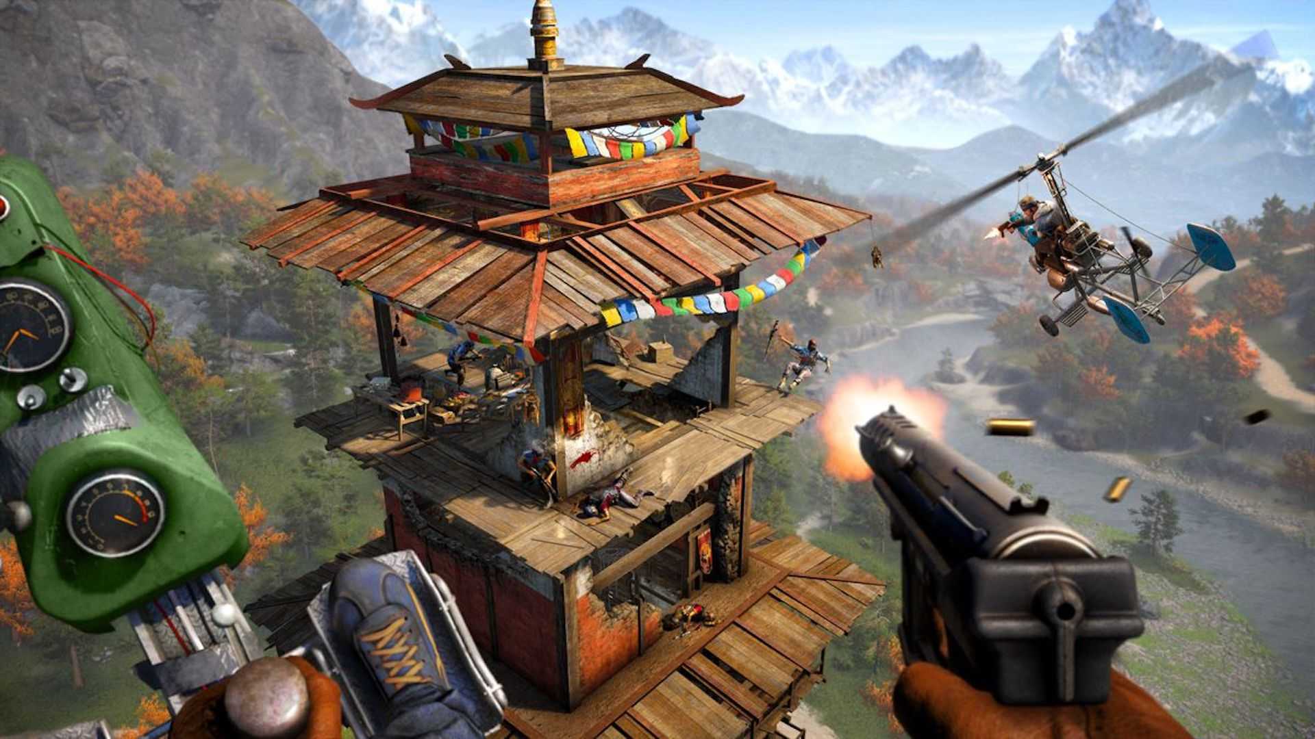 Shooting enemies on a helicopter in Far Cry 4 (2014)
