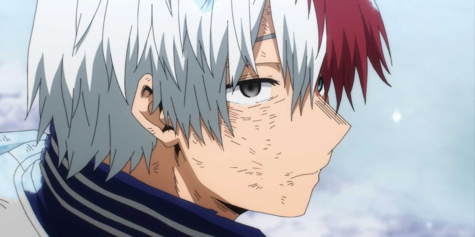 Shoto Todoroki is starting to cry while looking up.