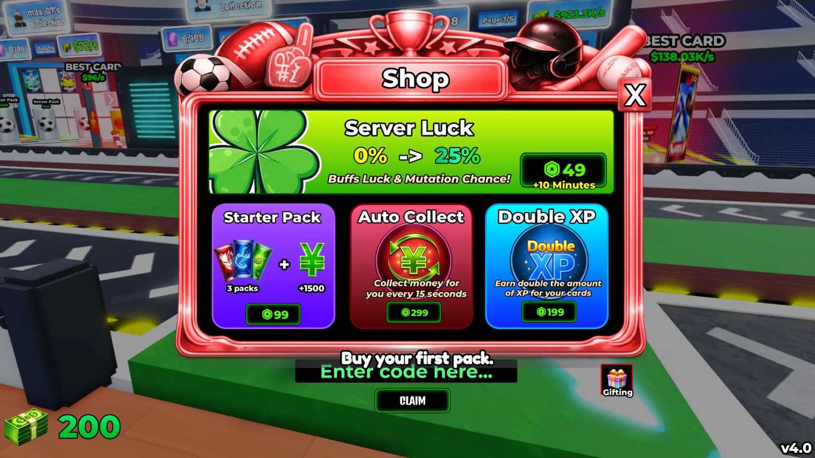 Sports Card Collection the codes tab