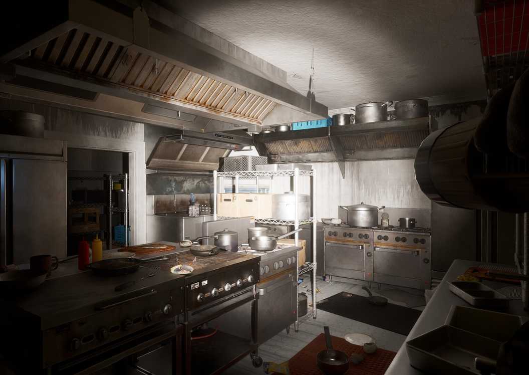 Pemain Ardem menjelajahi dapur komersial yang terbengkalai, menonjolkan eksplorasi pasca-apokaliptik