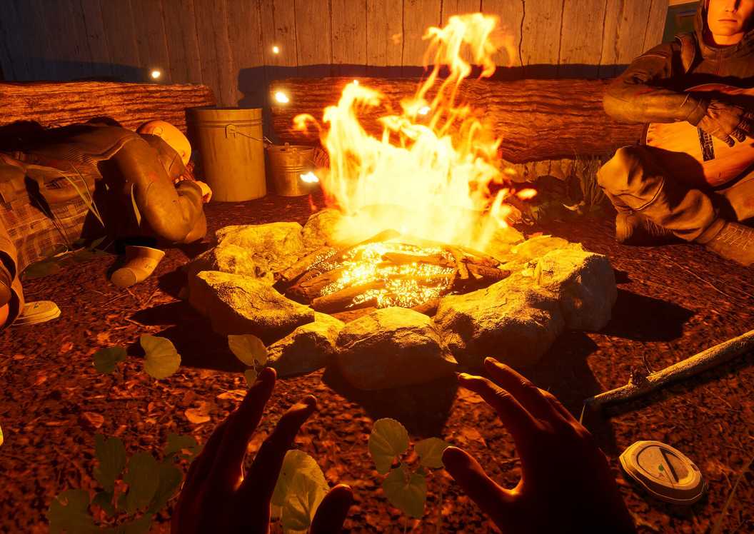 Sekelompok orang duduk mengelilingi api unggun di Ardem, menunjukkan elemen multiplayer dan interaksi